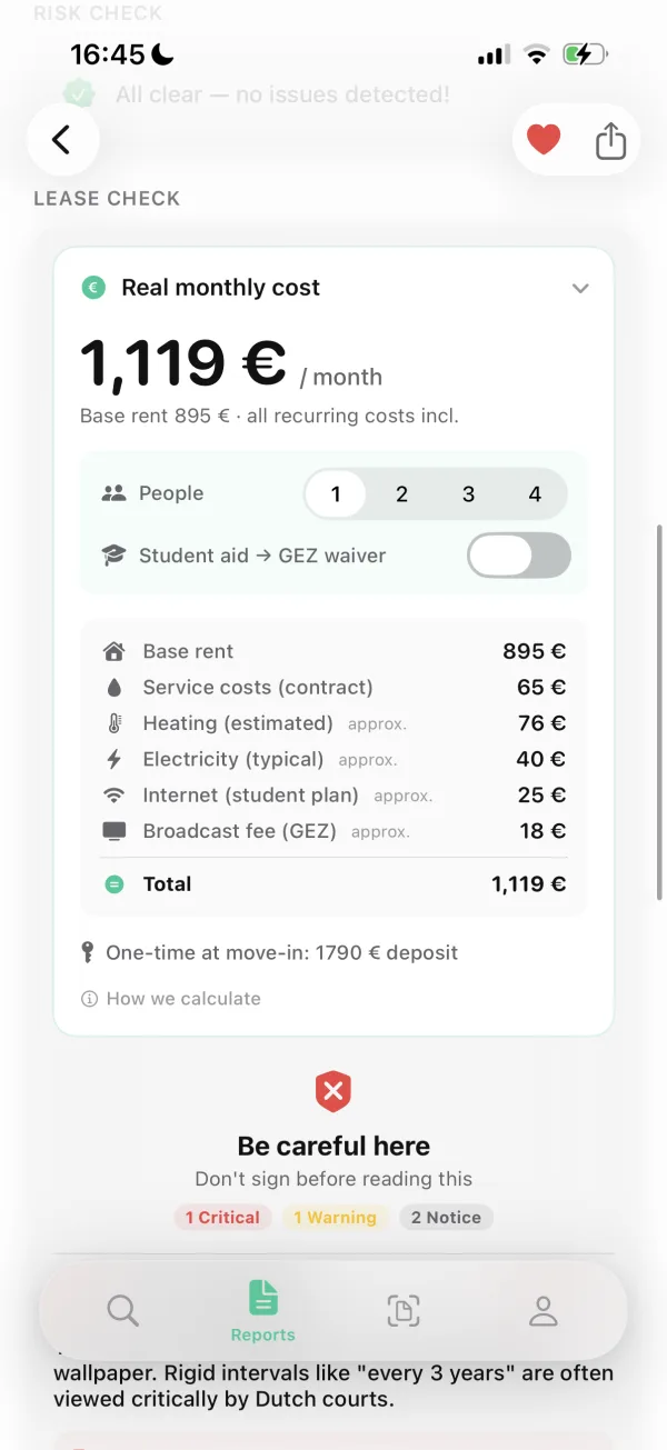 Lease Check: echte Monatskosten von 1.119 Euro, aufgeschlüsselt nach Kaltmiete, Nebenkosten, Heizung und mehr.